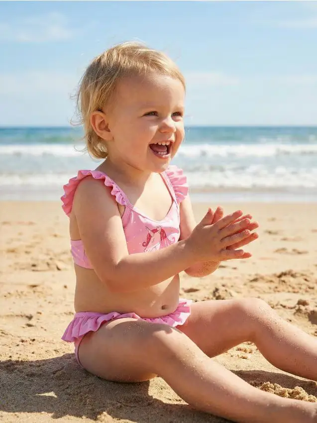 Costume da bagno con stampa di unicorno e punti holo - rosa shocking