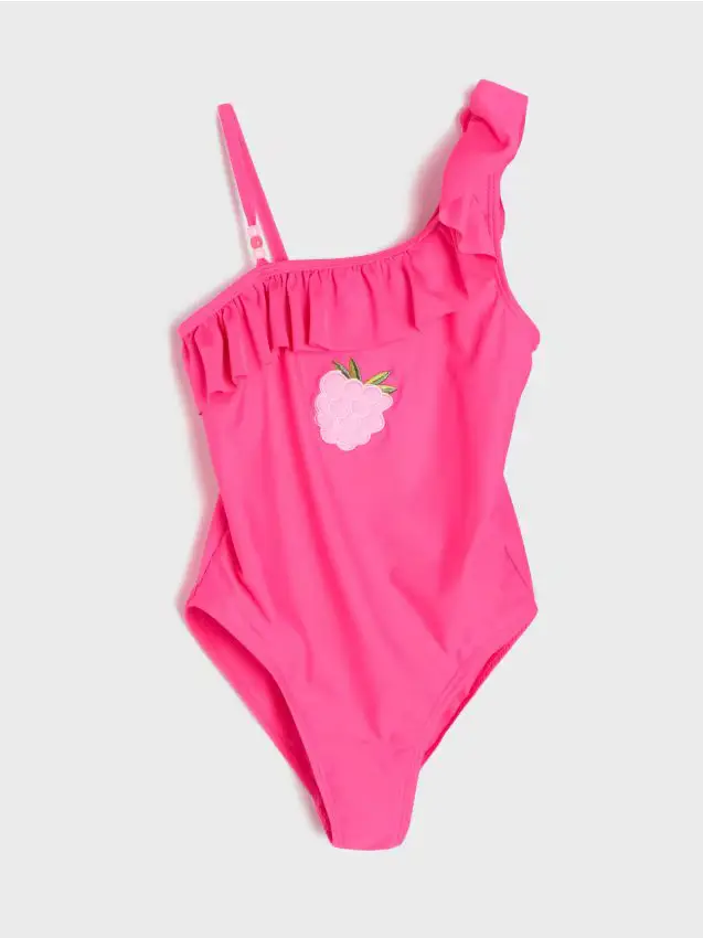 Costume da bagno con volant e lamponi ricamati - rosa