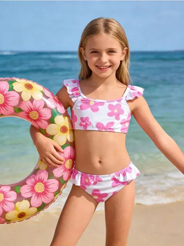 Costume da bagno due pezzi con motivo floreale - rosa