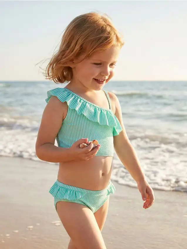 Costume da bagno due pezzi con scollo asimmetrico e volant - tTurchese