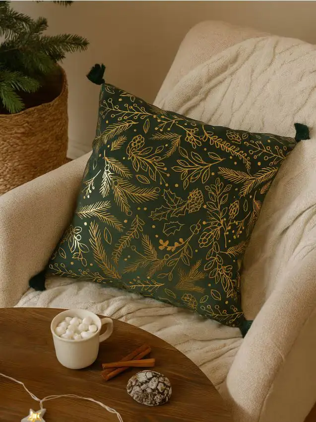 Cuscino decorativo natalizio con motivo vegetale dorato - multicolor