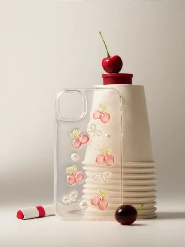 Custodia per iPhone 11/XR con motivo di ciliegie e fiocchi - rosso