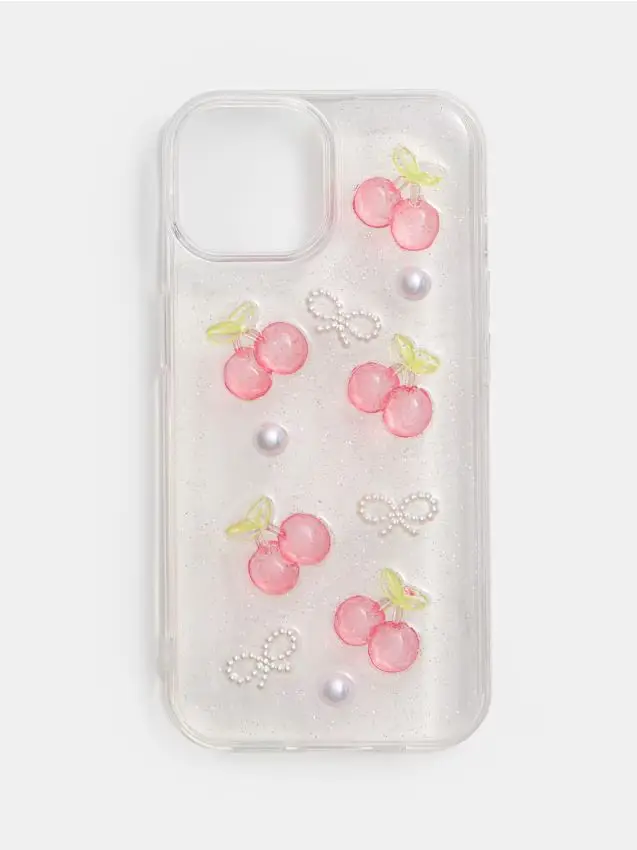 Custodia per iPhone 13/14 con motivo di ciliegie e fiocchi - rosso