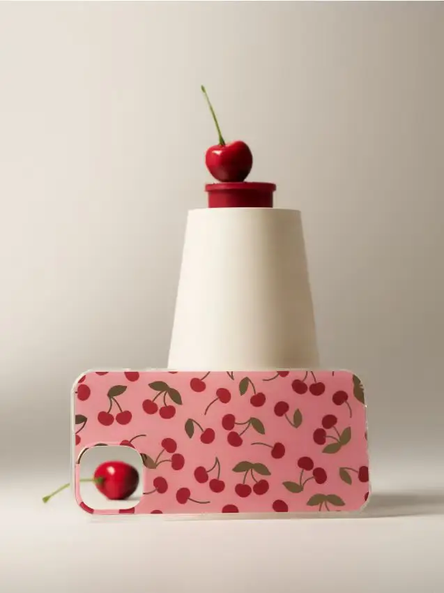 Custodia per iPhone 13/14 con motivo di ciliegie - rosa