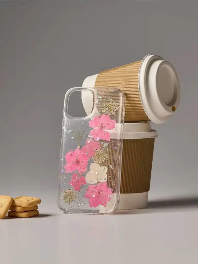 Custodia trasparente per iPhone 13/14 con fiori rosa essiccati e brillantini - multicolor