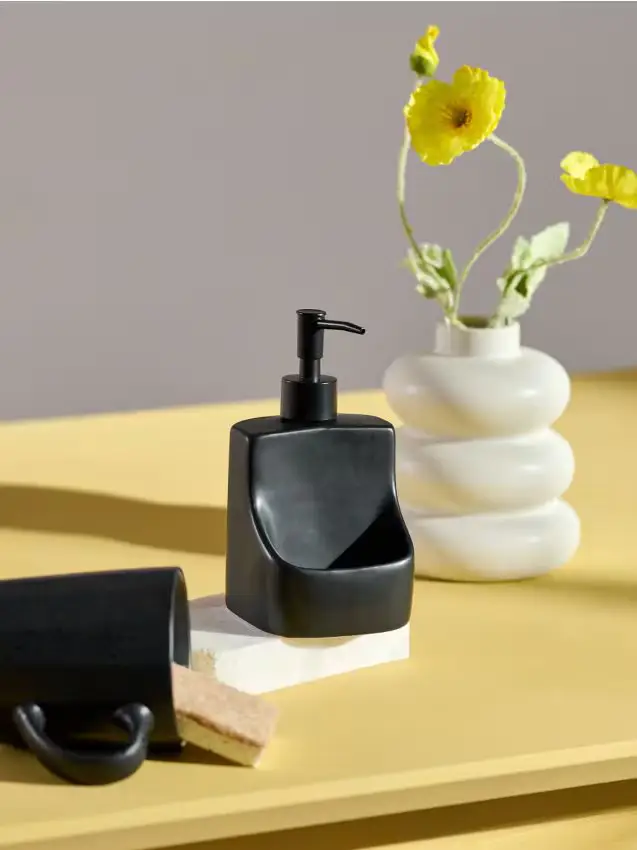 Dispenser in ceramica per sapone con alloggio per spugna - nero