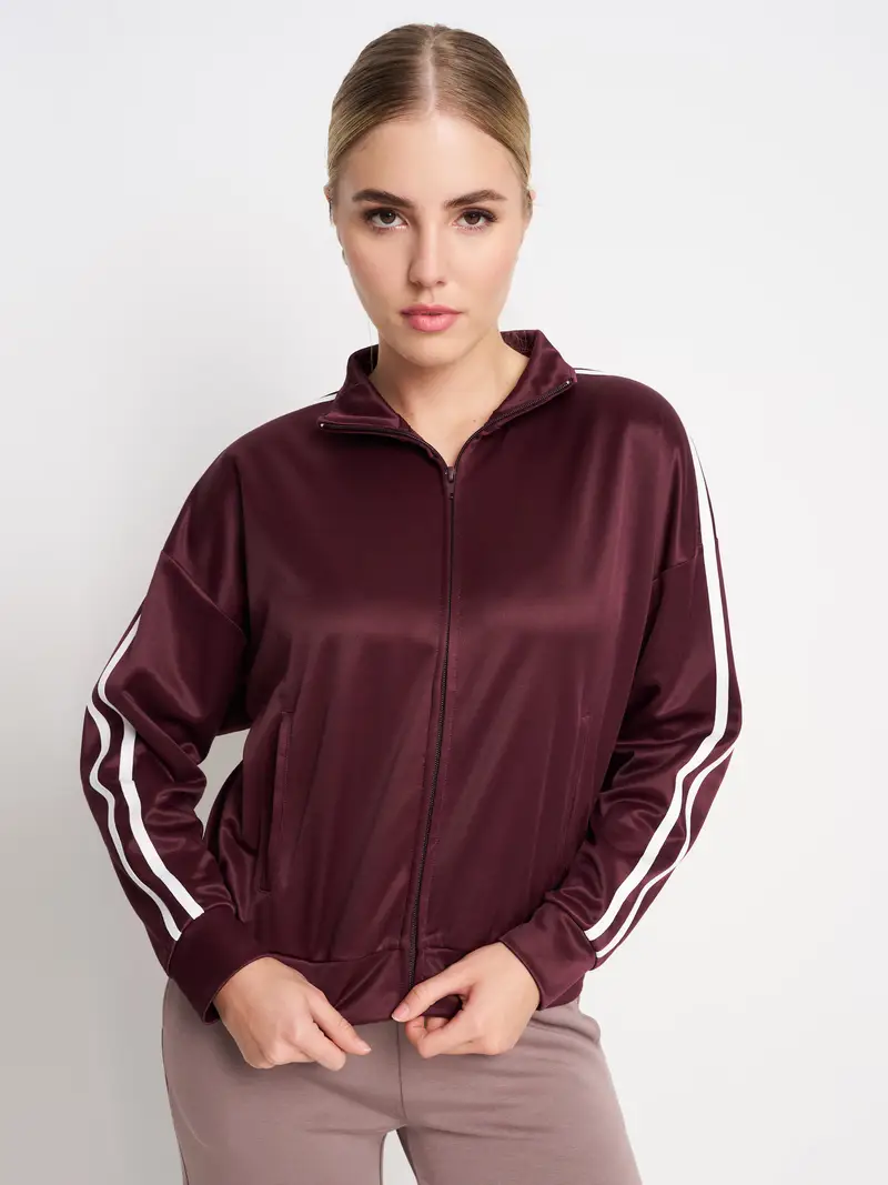 Felpa con zip e collo alla coreana - bordeaux miniatura 2