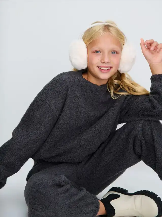 Felpa girocollo in tessuto effetto pelliccia d agnello (teddy) - grigio scuro