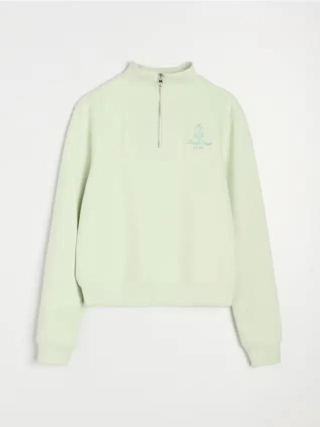 Felpa half-zip con ricamo decorativo - verde pallido
