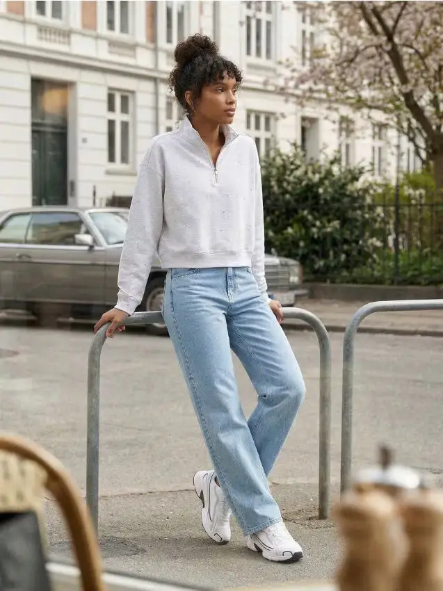 Felpa half-zip con strass - grigio chiaro