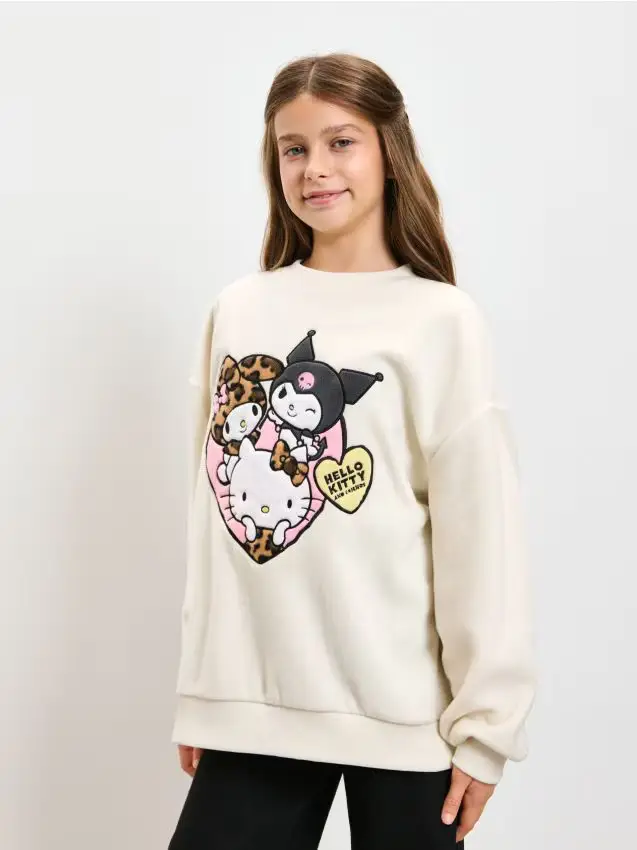 Felpa in pile girocollo con patch Hello Kitty - panna