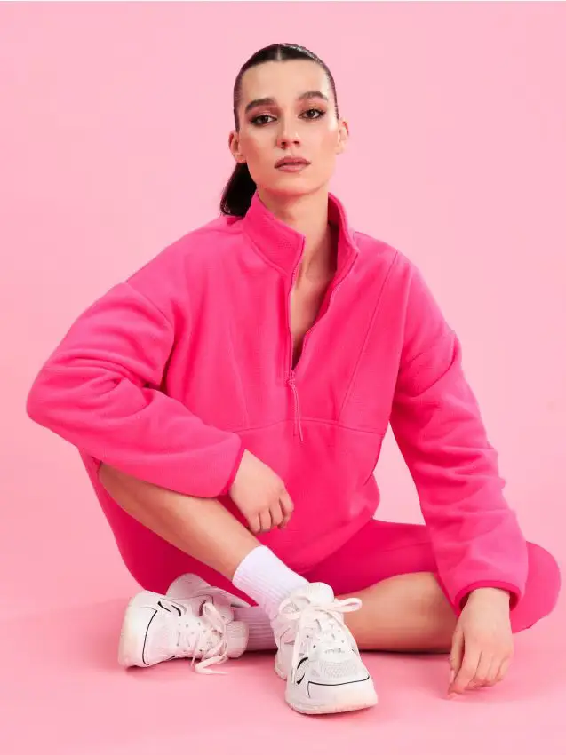 Felpa in pile half-zip con collo alto e polsini Gym Hard - rosa shocking