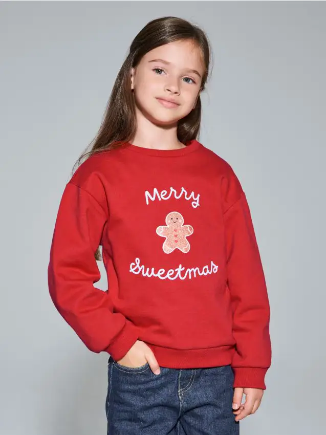 Felpa natalizia con omino di pan di zenzero e scritta “Merry Sweetmas” - rosso