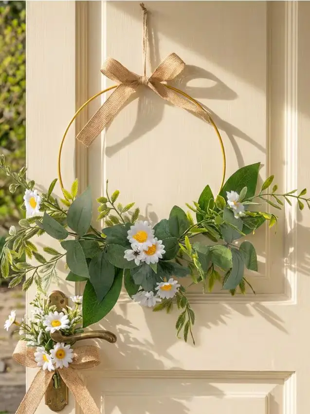 Ghirlanda decorativa floreale primaverile su cerchio in metallo - panna