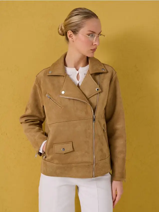 Giacca biker effetto scamosciato - beige