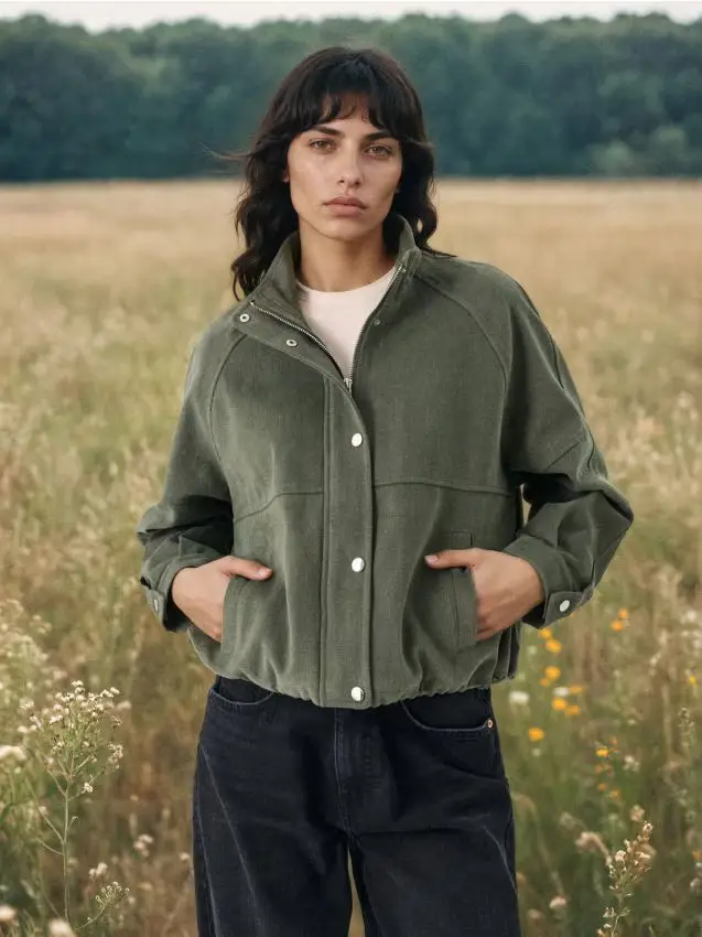 Giacca bomber con colletto alto e finitura twill - verde scuro