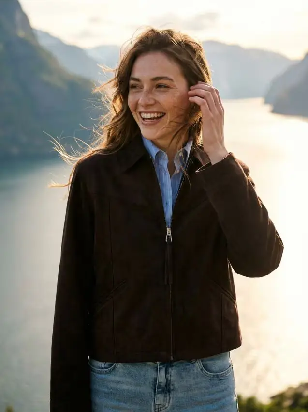 Giacca con colletto in tessuto effetto suede - marrone dorato