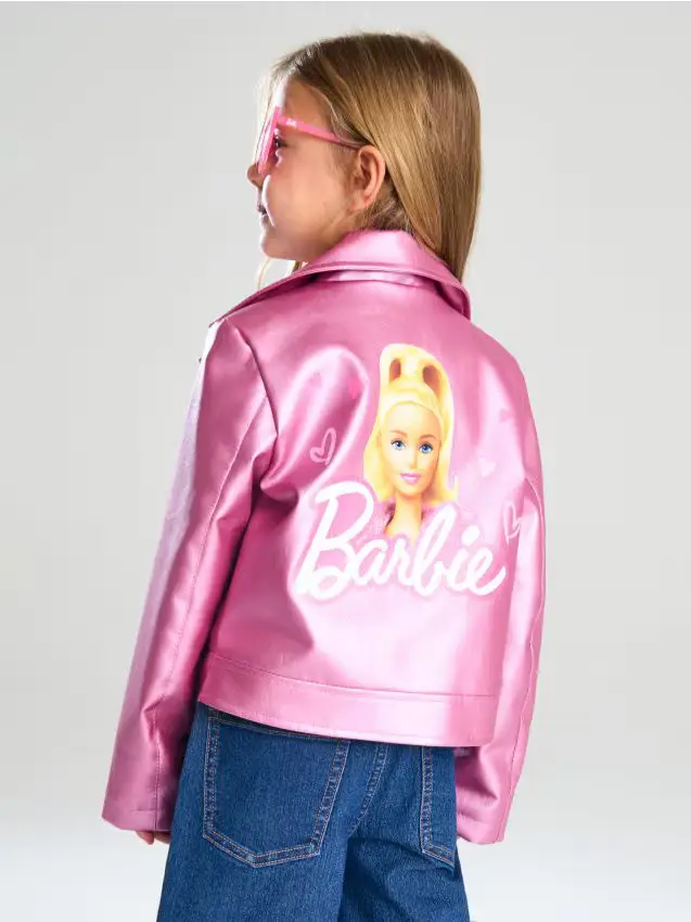 Giacca da biker lucida con stampa Barbie sulla schiena - rosa