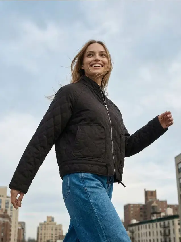 Giacca trapuntata in cotone con zip e collo alto - marrone