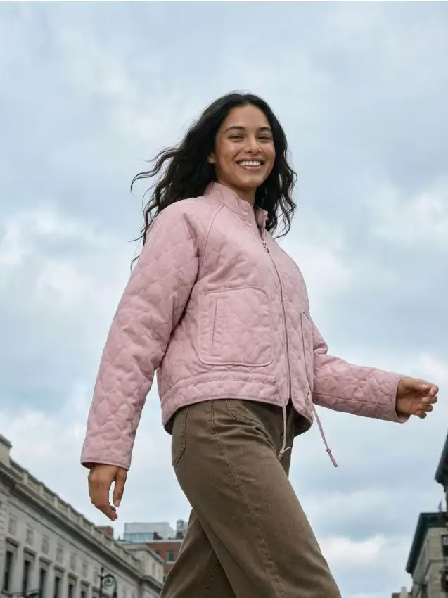 Giacca trapuntata in cotone con zip e collo alto - rosa pastello