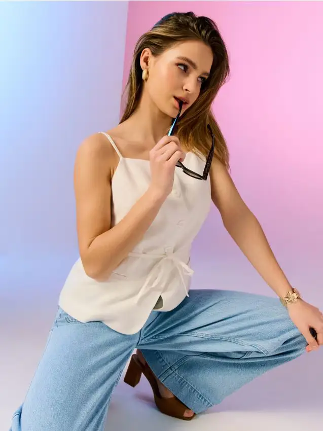 Gilet con spalline sottili con viscosa e misto lino - panna