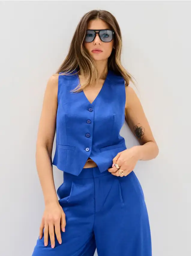 Gilet da completo in lyocell con miscela di lino - indaco