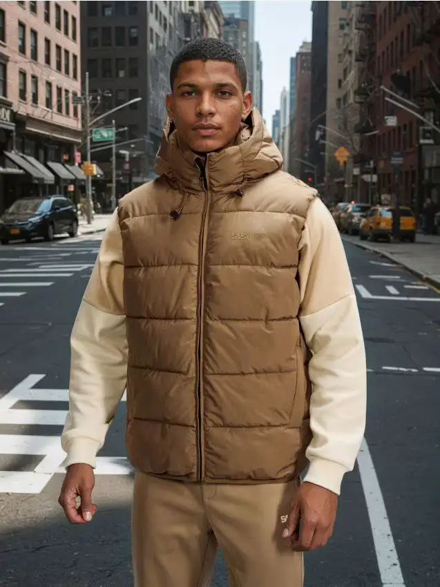 Gilet puffer trapuntato con cappuccio - beige