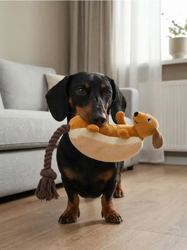 Giocattolo in peluche per cane con squeaker a forma di bassotto hot dog - multicolor