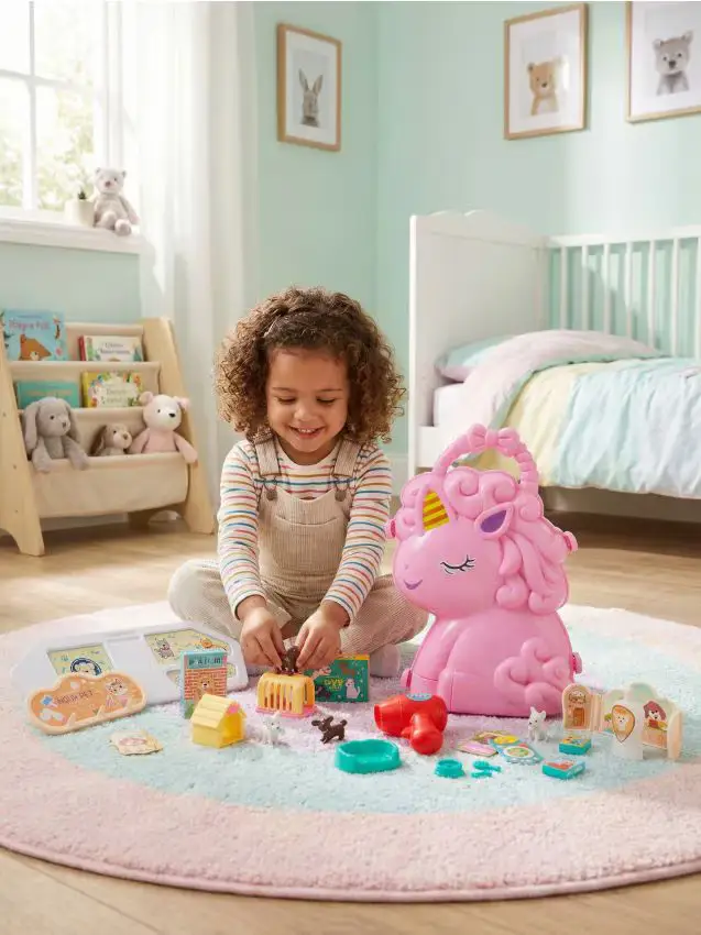 Giocattolo - Set di cuccioli con accessori e adesivi in una valigia a forma di unicorno - multicolor