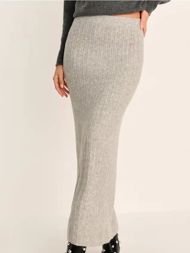 Gonna lunga a costine con miscela di lana - grigio chiaro