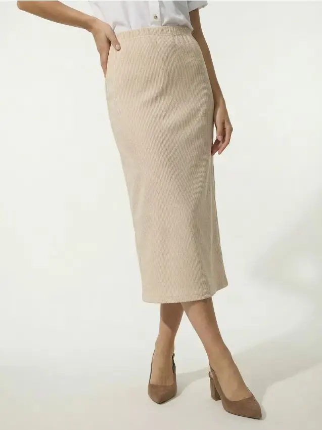 Gonna midi a costine con strass - beige