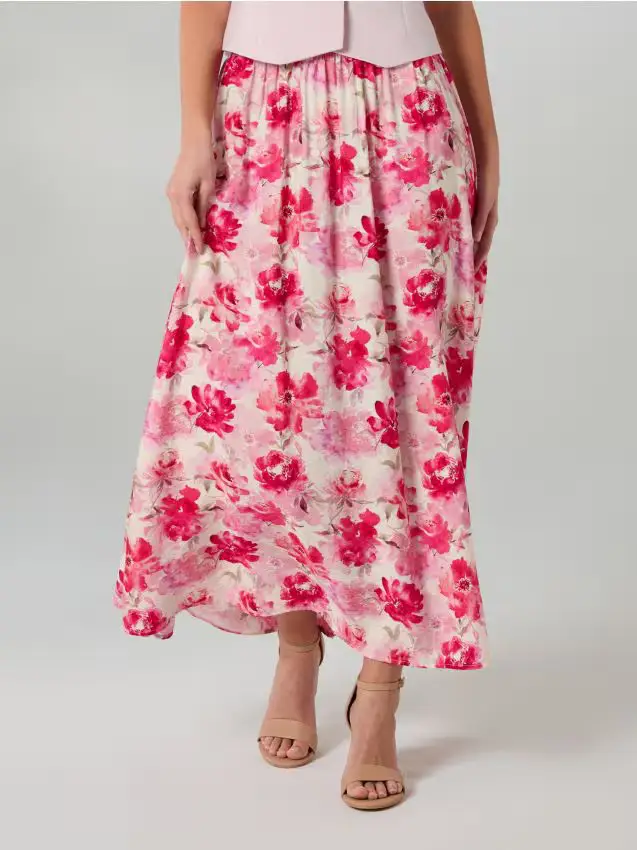 Gonna midi a fiori in tessuto con viscosa - multicolor