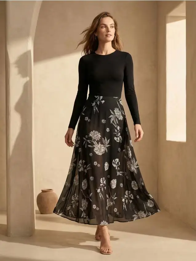 Gonna midi a fiori svasata - multicolor