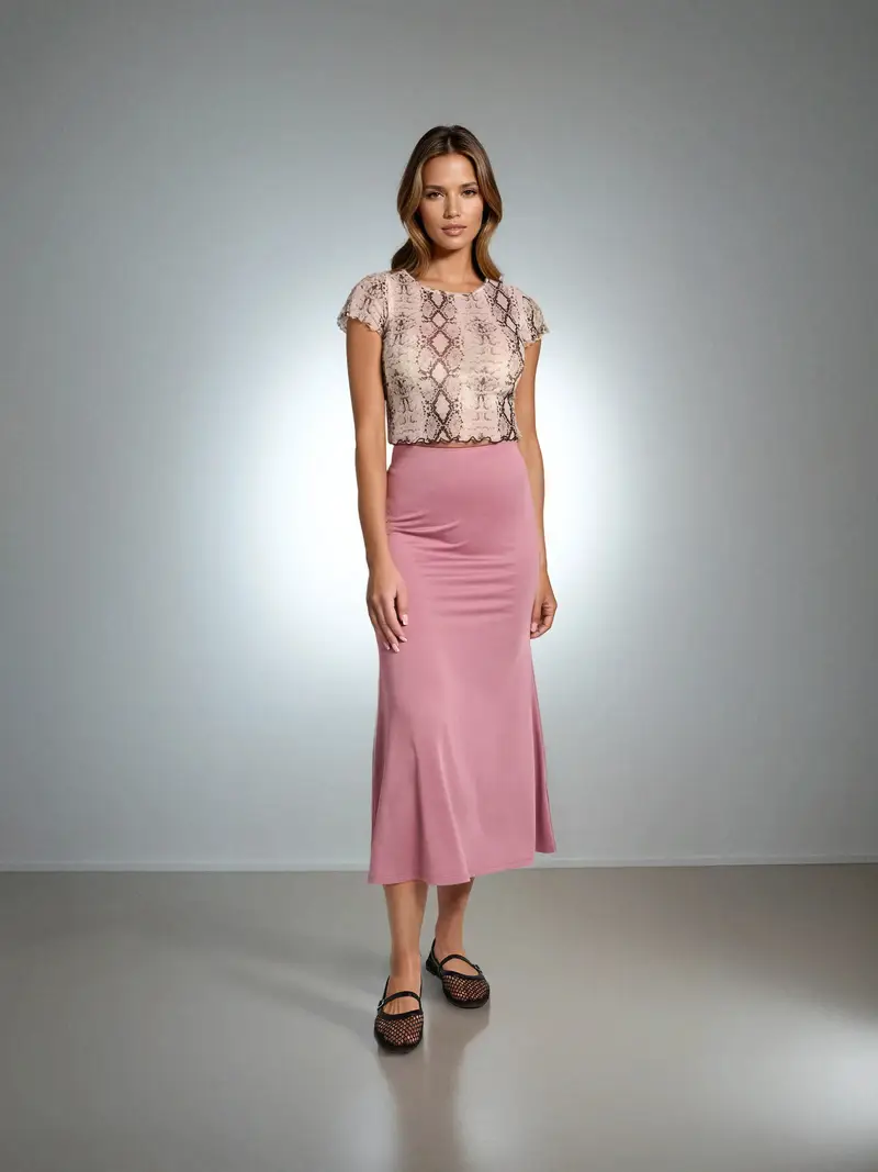 Gonna midi con orlo svasato - rosa cipria miniatura 2