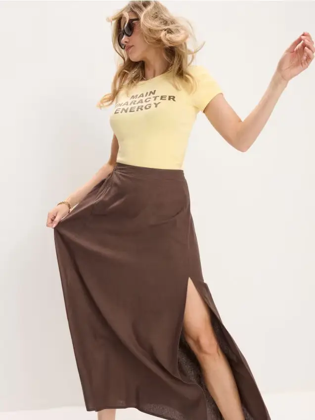 Gonna midi con spacco con viscosa e misto lino - marrone polveroso