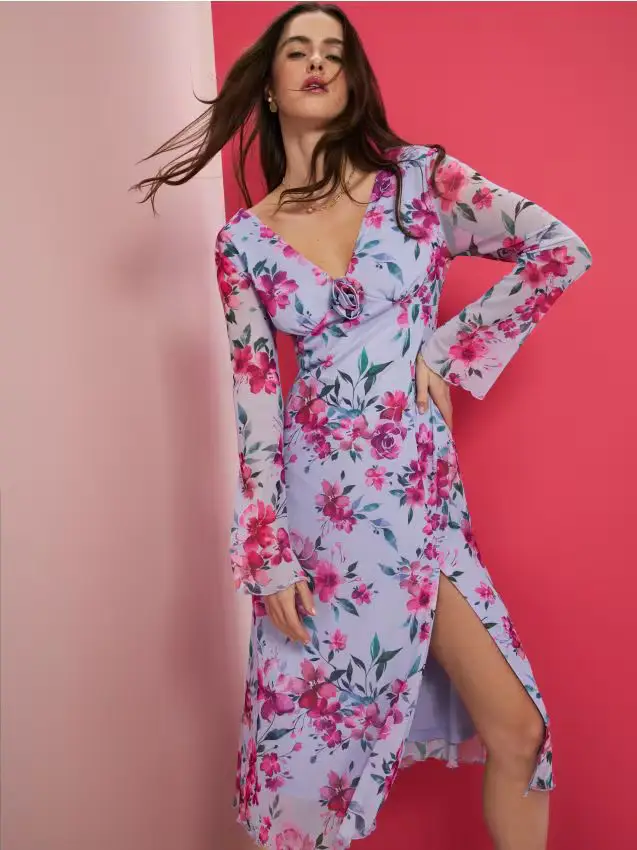 Gonna midi con stampa floreale e spacco - multicolor