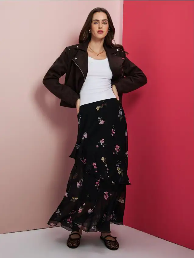 Gonna midi con volant asimmetrico e stampa floreale - multicolor