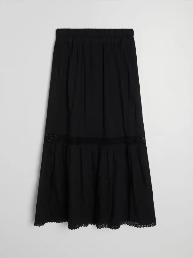 Gonna midi in cotone con elementi in pizzo - nero