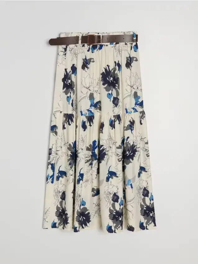 Gonna midi in viscosa con motivo floreale e cintura - multicolor