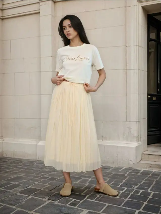 Gonna midi plissettata con legatura in vita - giallo chiaro