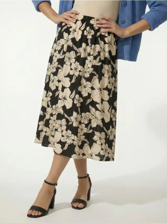 Gonna midi svasata in viscosa con stampa floreale - multicolor