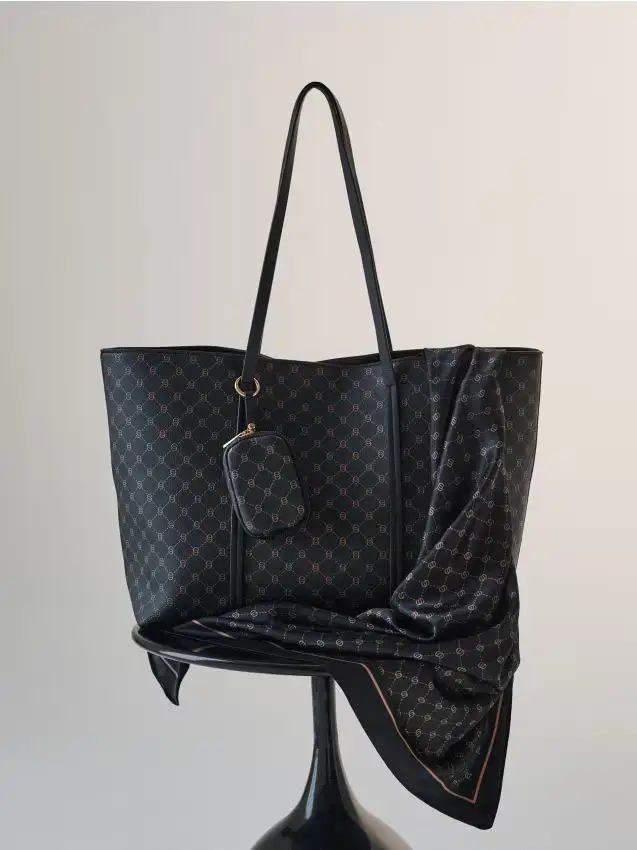 Grande borsa tote con monogramma e portafoglio - nero
