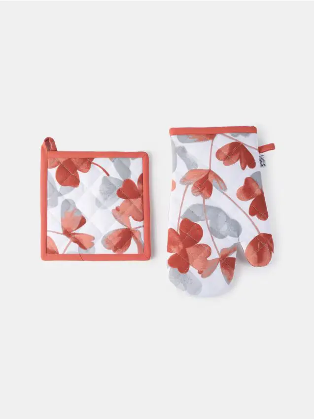 Guanto da forno e presina con motivo vegetale - rosso piccante