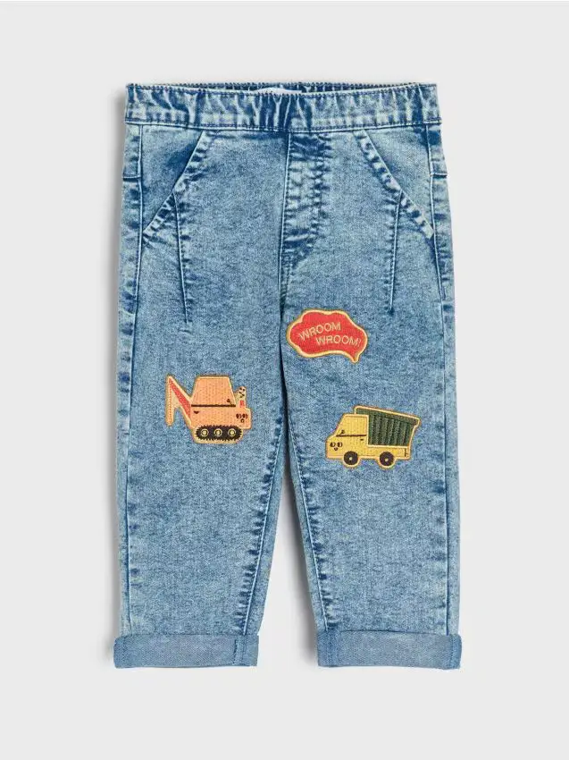 Jeans con vita regolabile e ricamo decorativo - blu