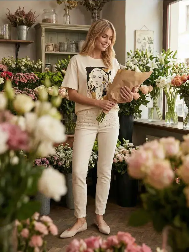 Jeans slim con perle decorative - panna