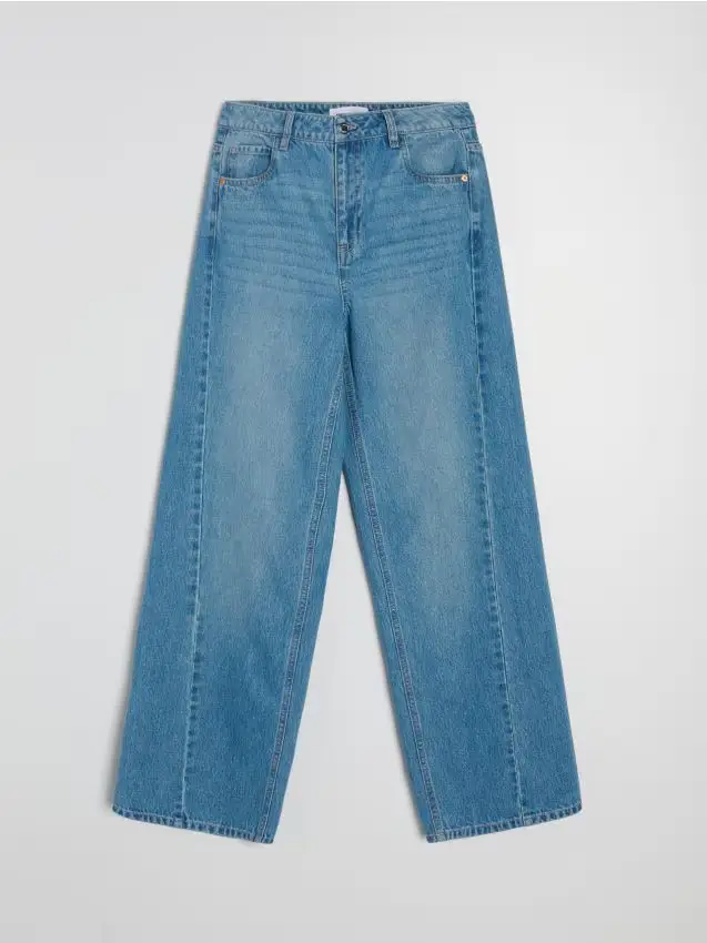 Jeans wide leg a vita media con impunture decorative - blu