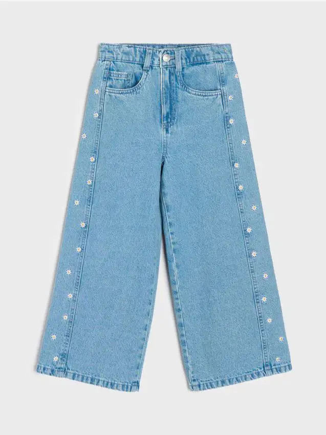 Jeans wide leg con fiori ricamati - blu scuro