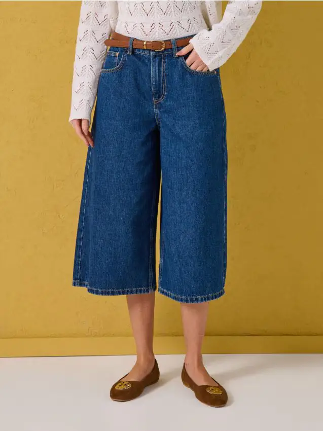 Jorts in denim a vita alta con cintura - blu scuro