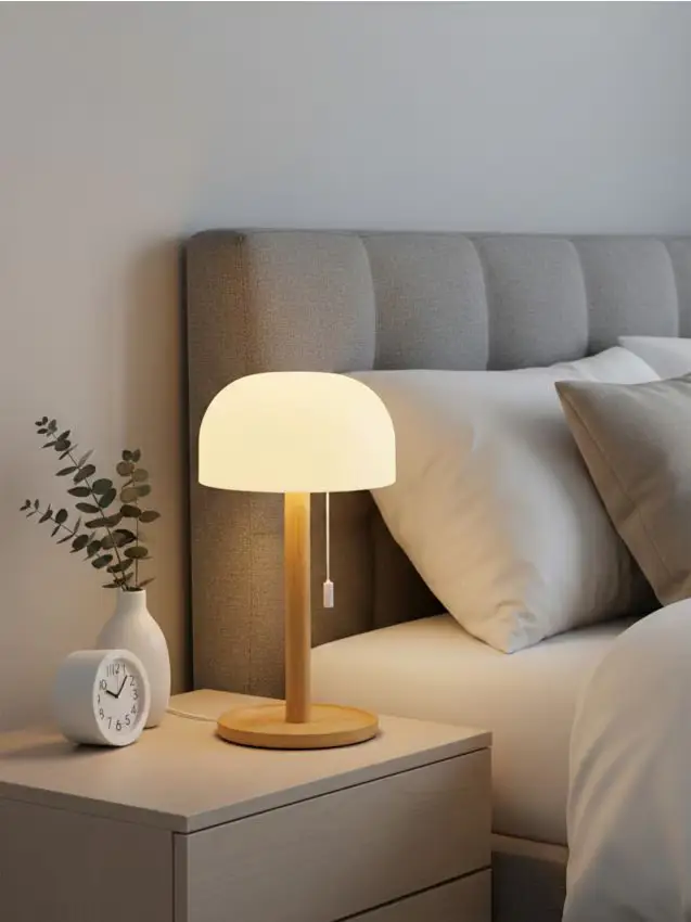 Lampada da tavolo con paralume a semicalotta e base in bambù - marrone