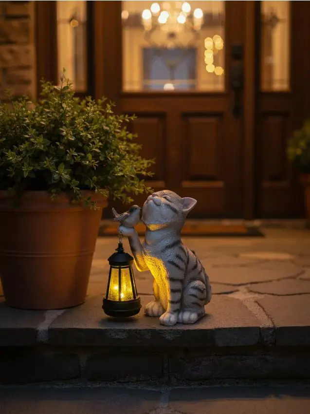 Lampada decorativa solare LED a forma di gatto con lanterna - grigio chiaro